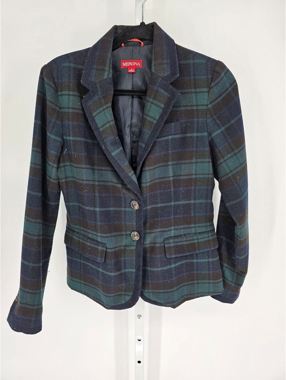 Vintage Y2K Merona Womens Sz 4 Wool Blend Blazer Jacket Blue Green Plaid